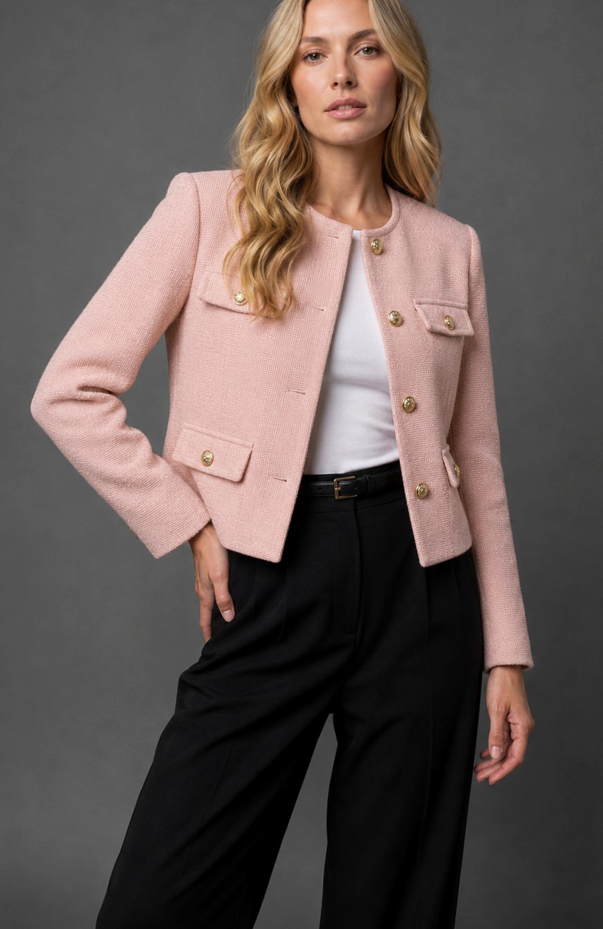 Women's Collarless Cropped Tweed Blazer Gold Button Flap Pocket - Light Pink