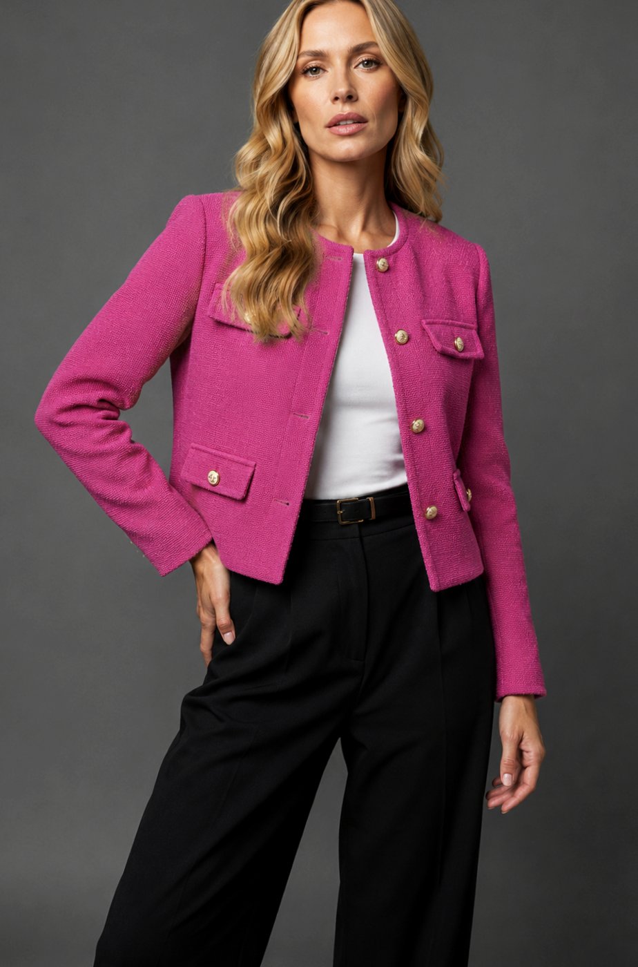 Women's Collarless Cropped Tweed Blazer Gold Button Flap Pocket - Pink