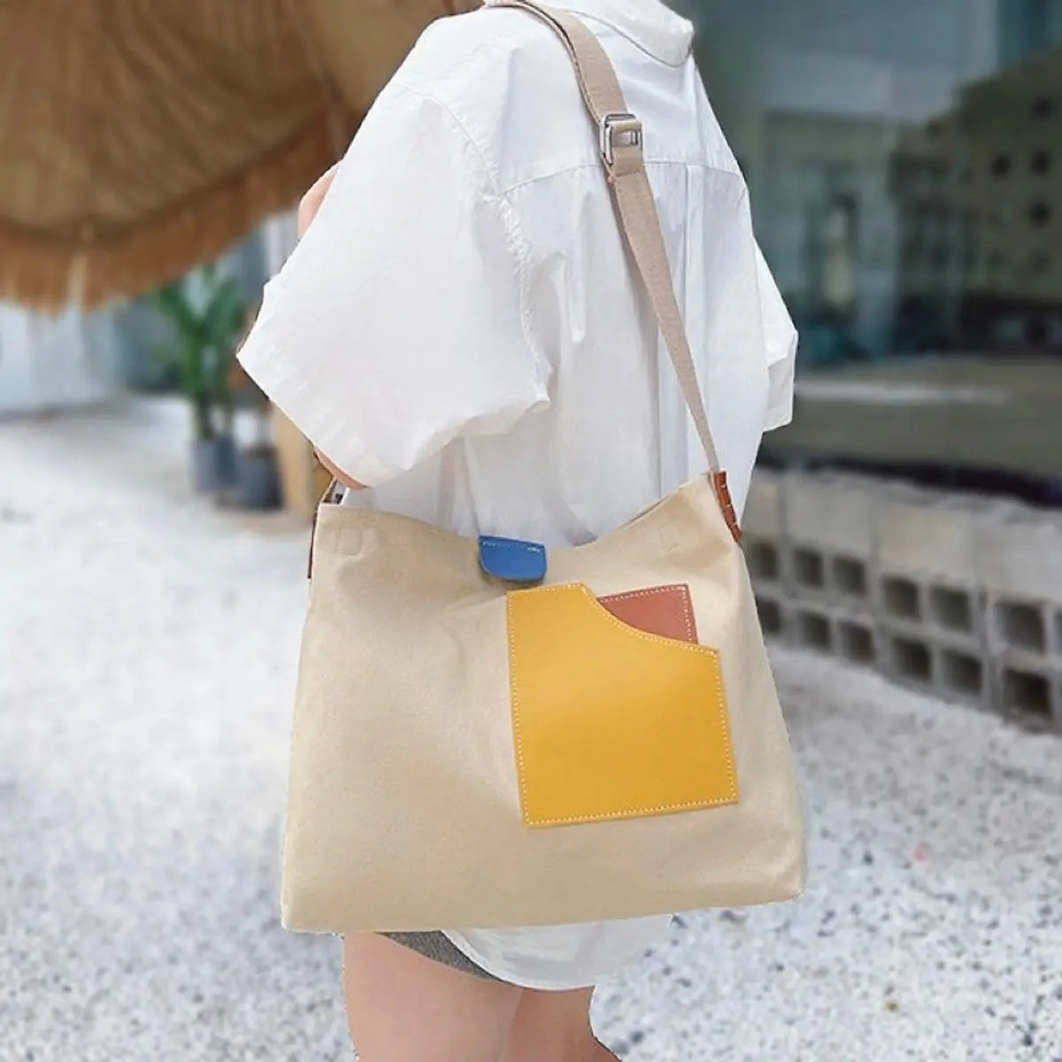 Women's Colour Block Canvas Tote Bag PU Leather Pocket Shoulder Bag - Beige