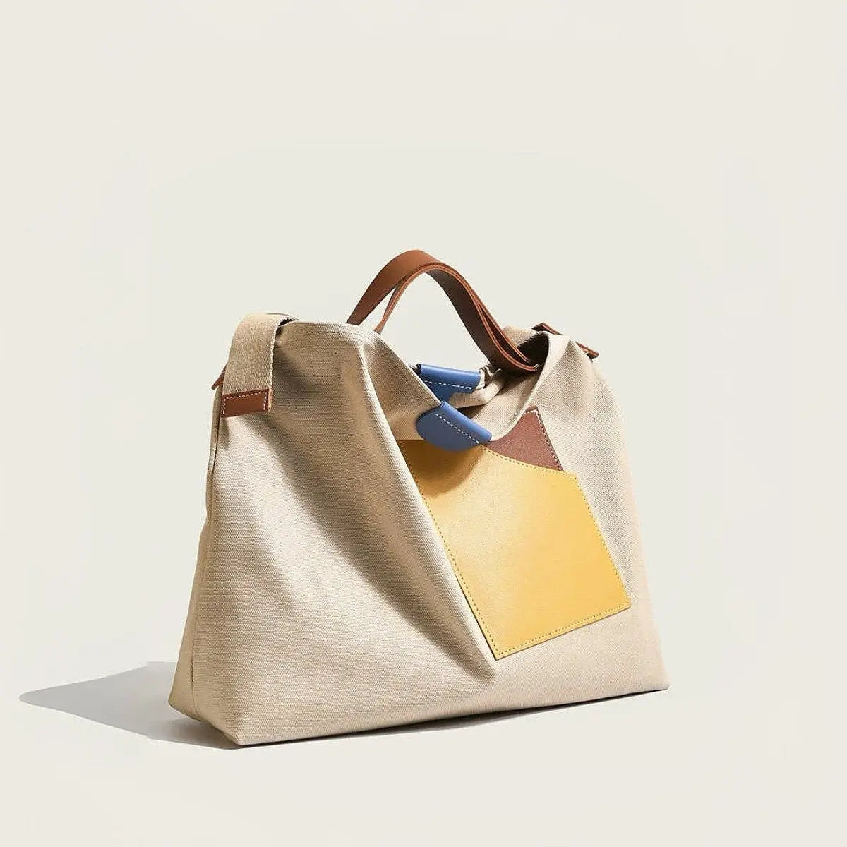 Women's Colour Block Canvas Tote Bag PU Leather Pocket Shoulder Bag