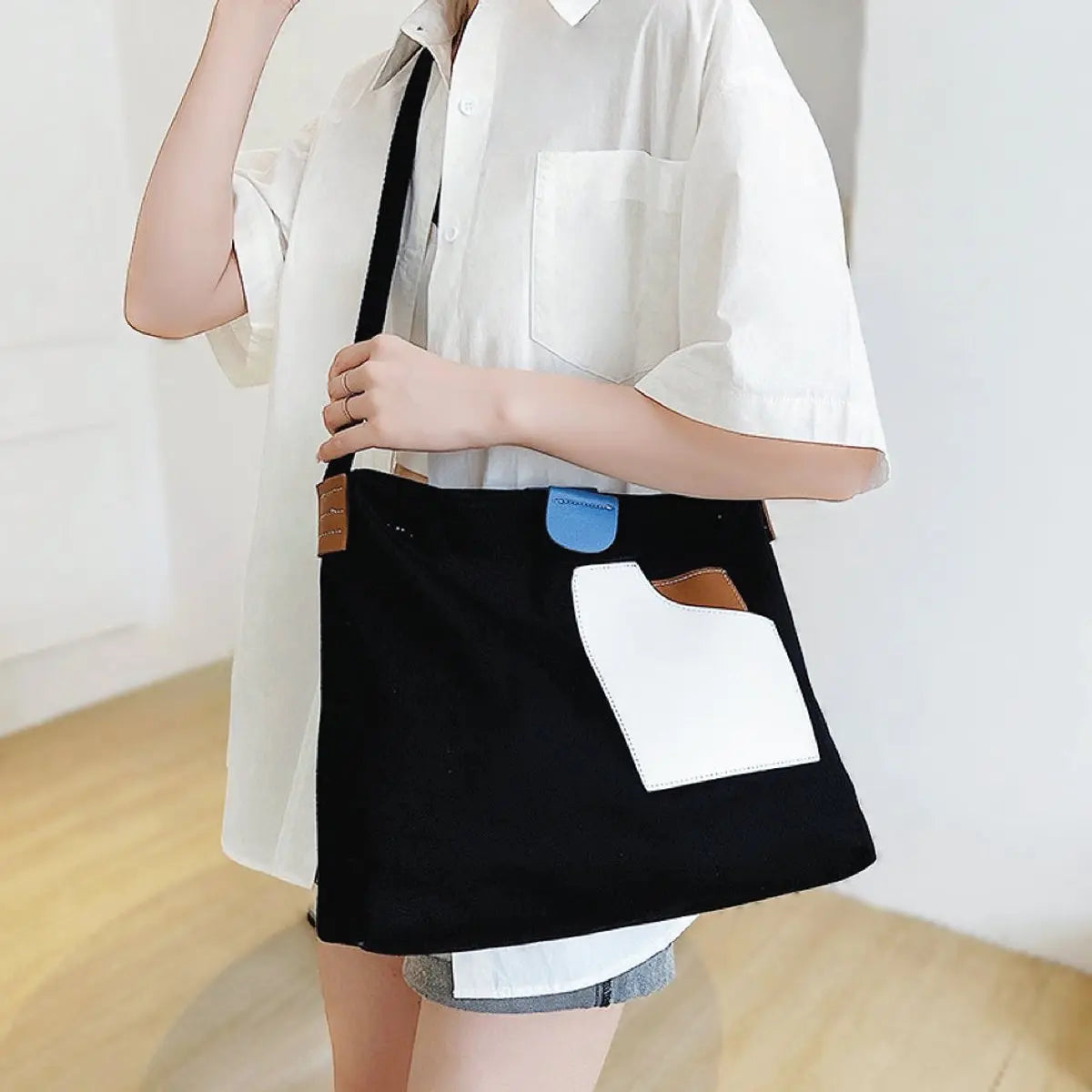 Women's Colour Block Canvas Tote Bag PU Leather Pocket Shoulder Bag - Black