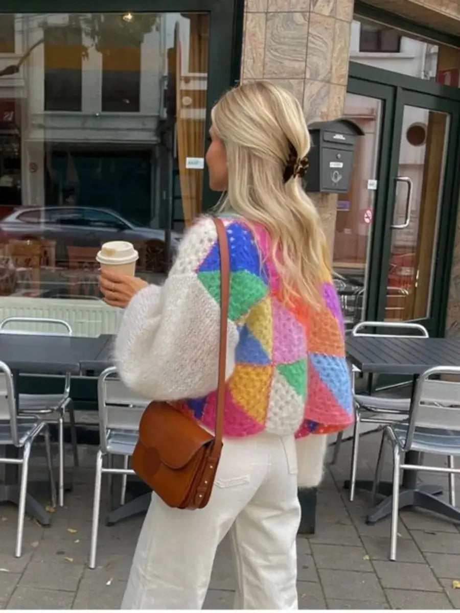 Women's Colour Block Cropped Knit Womens Cardigan Patchwork
