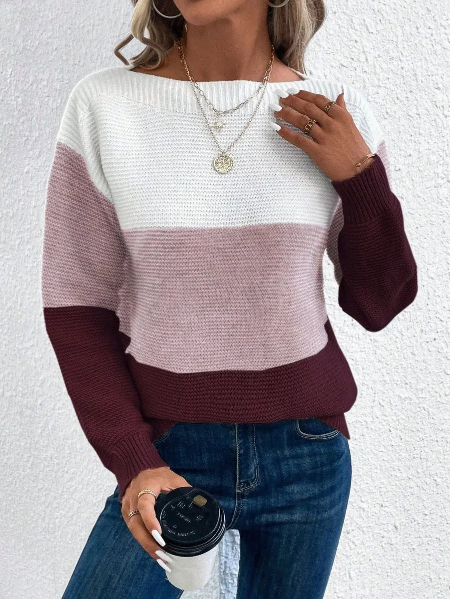 Women's Colour Block Relaxed Fit Long Sleeve Knit Sweater Jumper - Burgundy