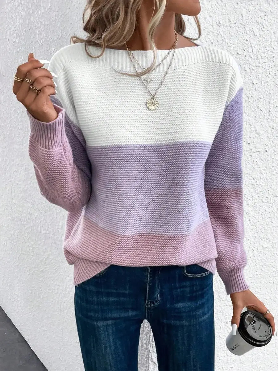 Women's Colour Block Relaxed Fit Long Sleeve Knit Sweater Jumper - Purple