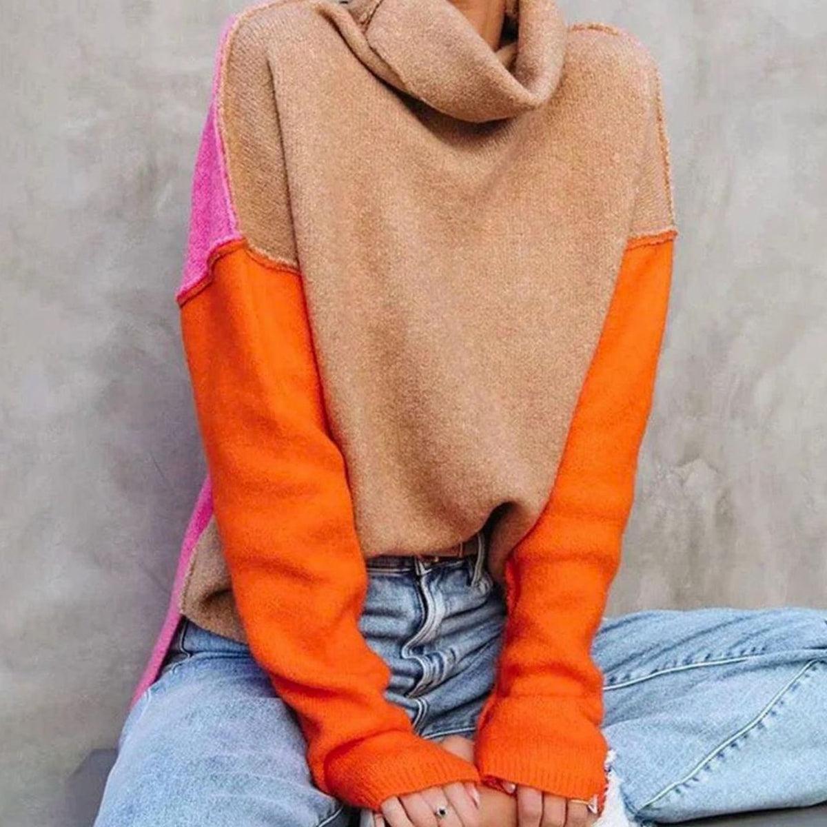 Women's Colour Block Turtleneck Relaxed-Fit Knit Jumper