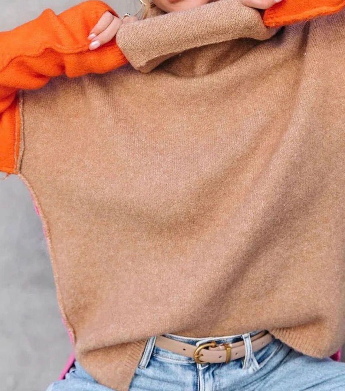 Women's Colour Block Turtleneck Relaxed-Fit Knit Jumper