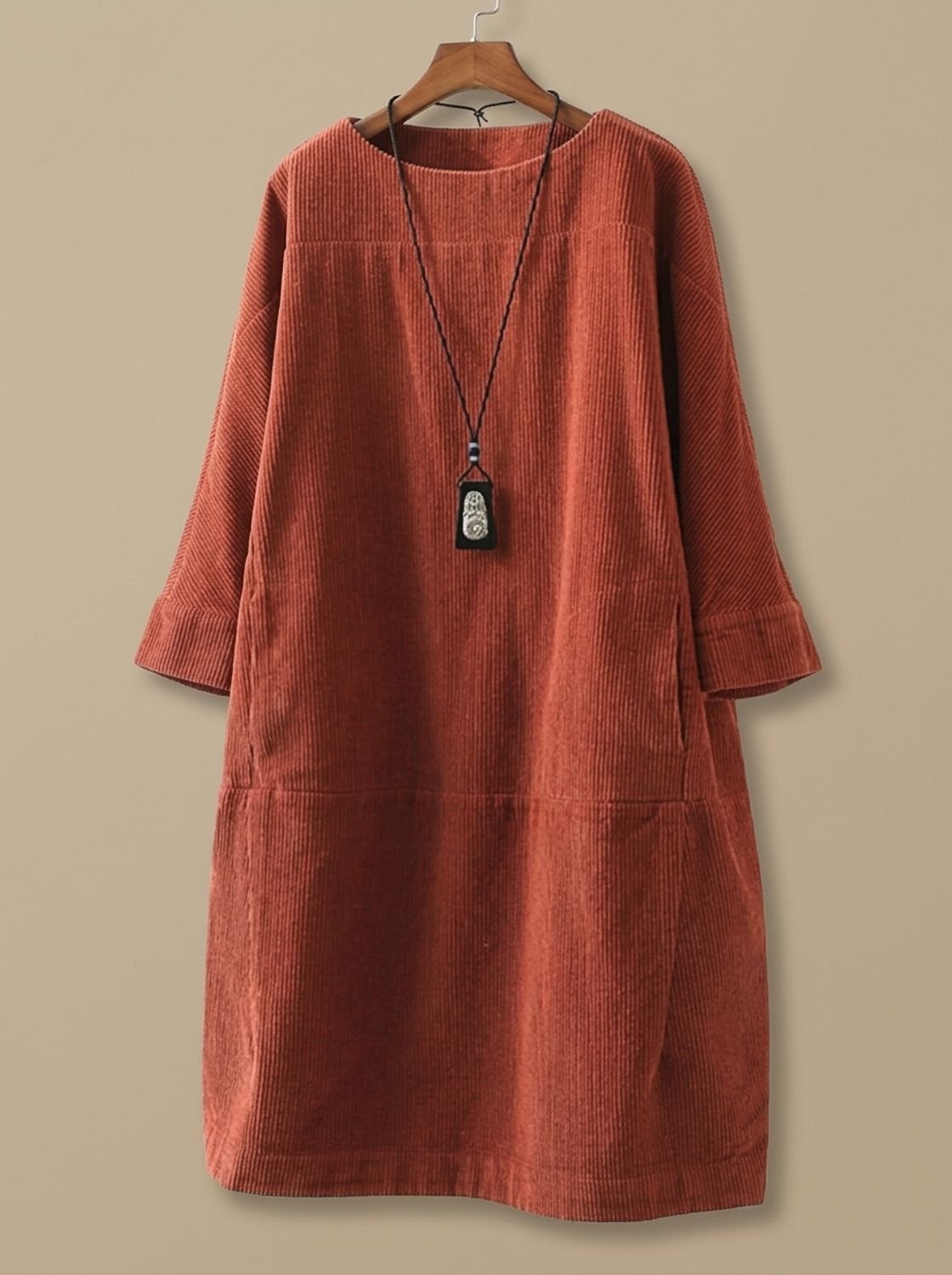 Women's Corduroy A-Line Midi Dress Round Neck 3/4 Sleeve - Orange
