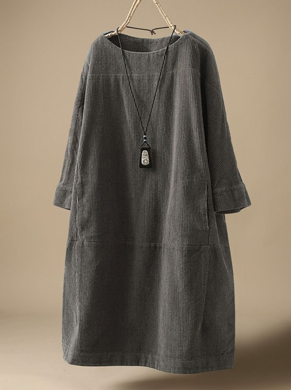 Women's Corduroy A-Line Midi Dress Round Neck 3/4 Sleeve - Grey