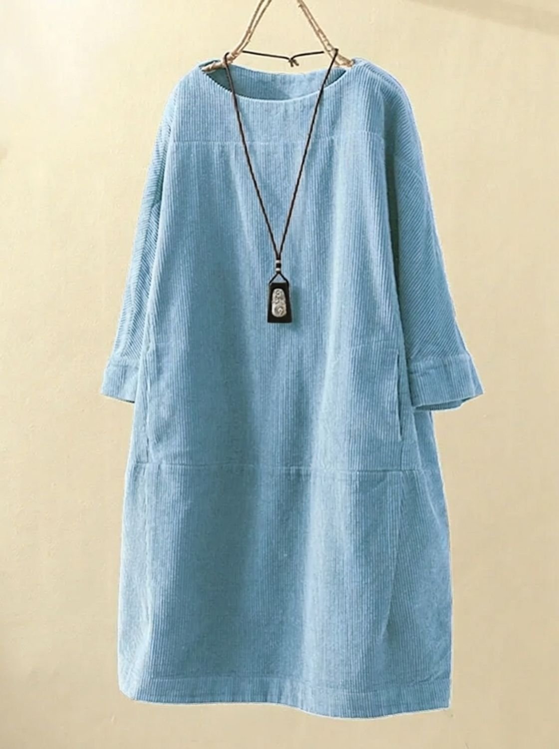 Women's Corduroy A-Line Midi Dress Round Neck 3/4 Sleeve - Light Blue