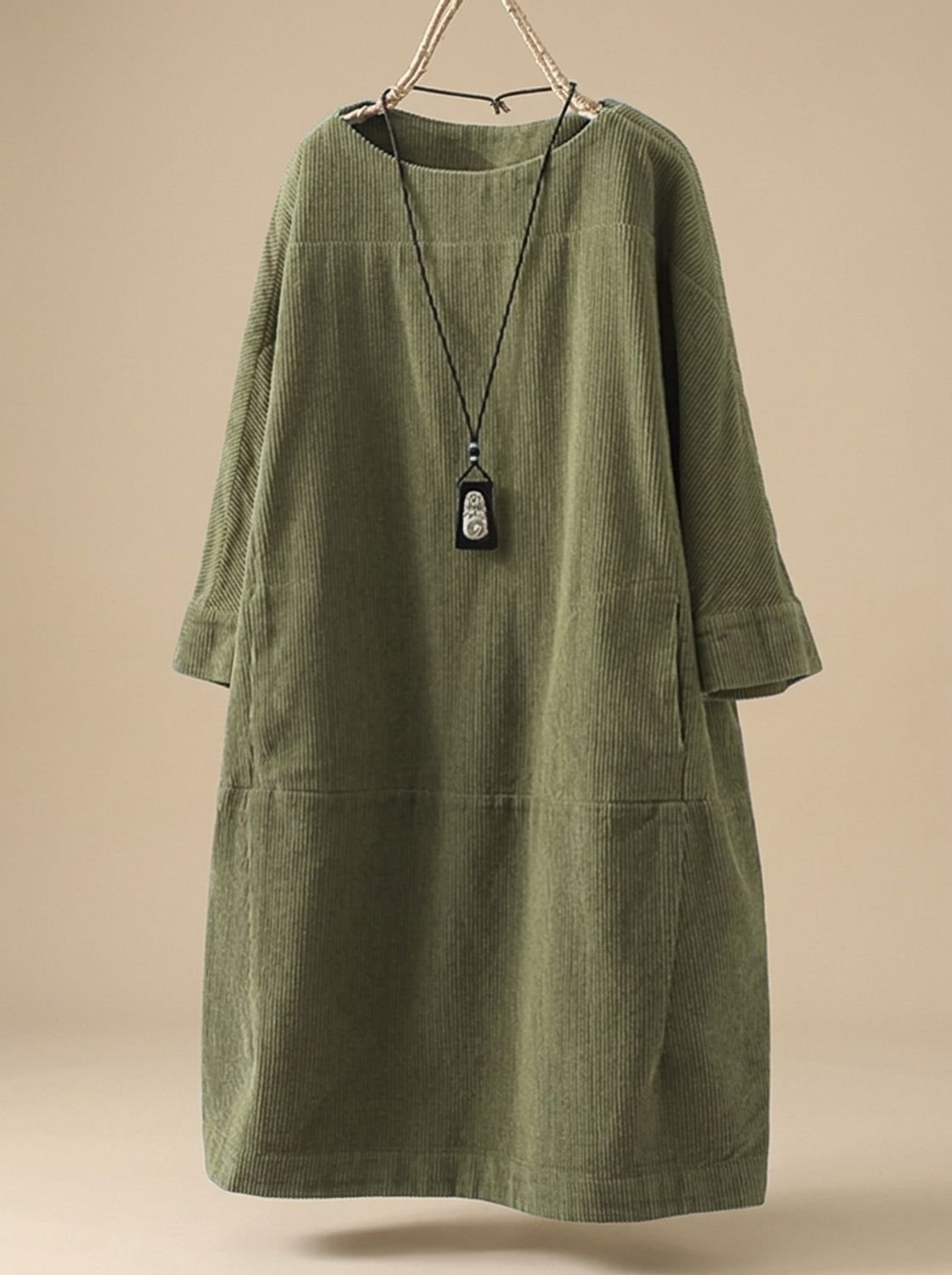 Women's Corduroy A-Line Midi Dress Round Neck 3/4 Sleeve - Dark Green