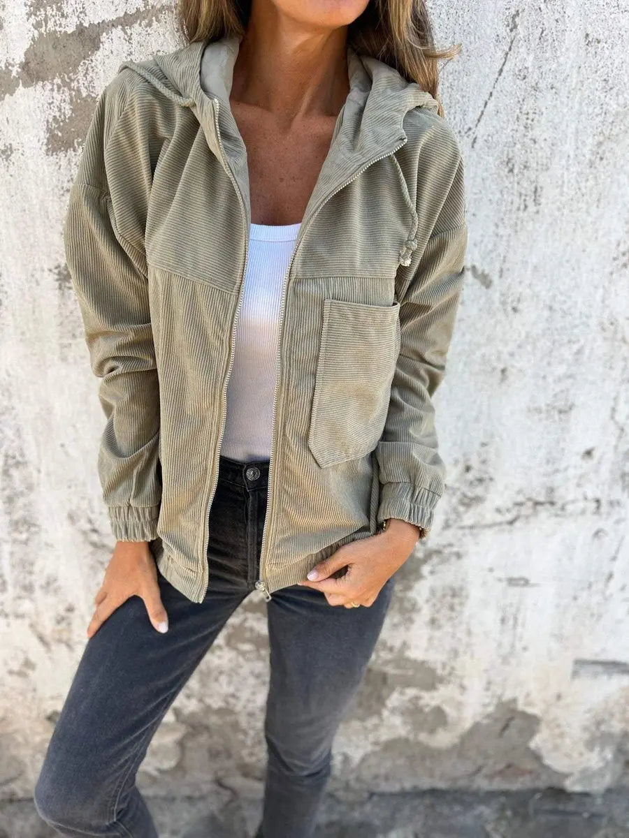 Women's Corduroy Hooded Zip-Up Quilted Jacket Women Oversized Fit - Green