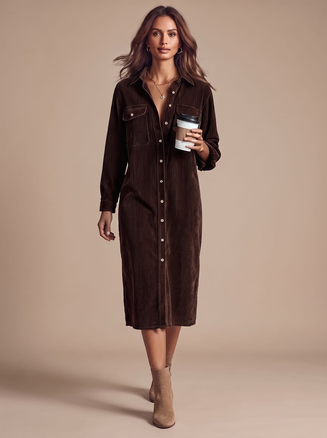 Women's Corduroy Midi Shirt Dress Long Sleeve Straight Cut