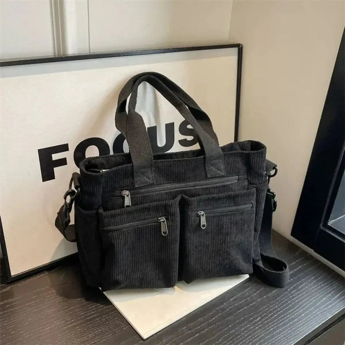 Women's Corduroy Multi-Pocket Shoulder Tote Bag - Black
