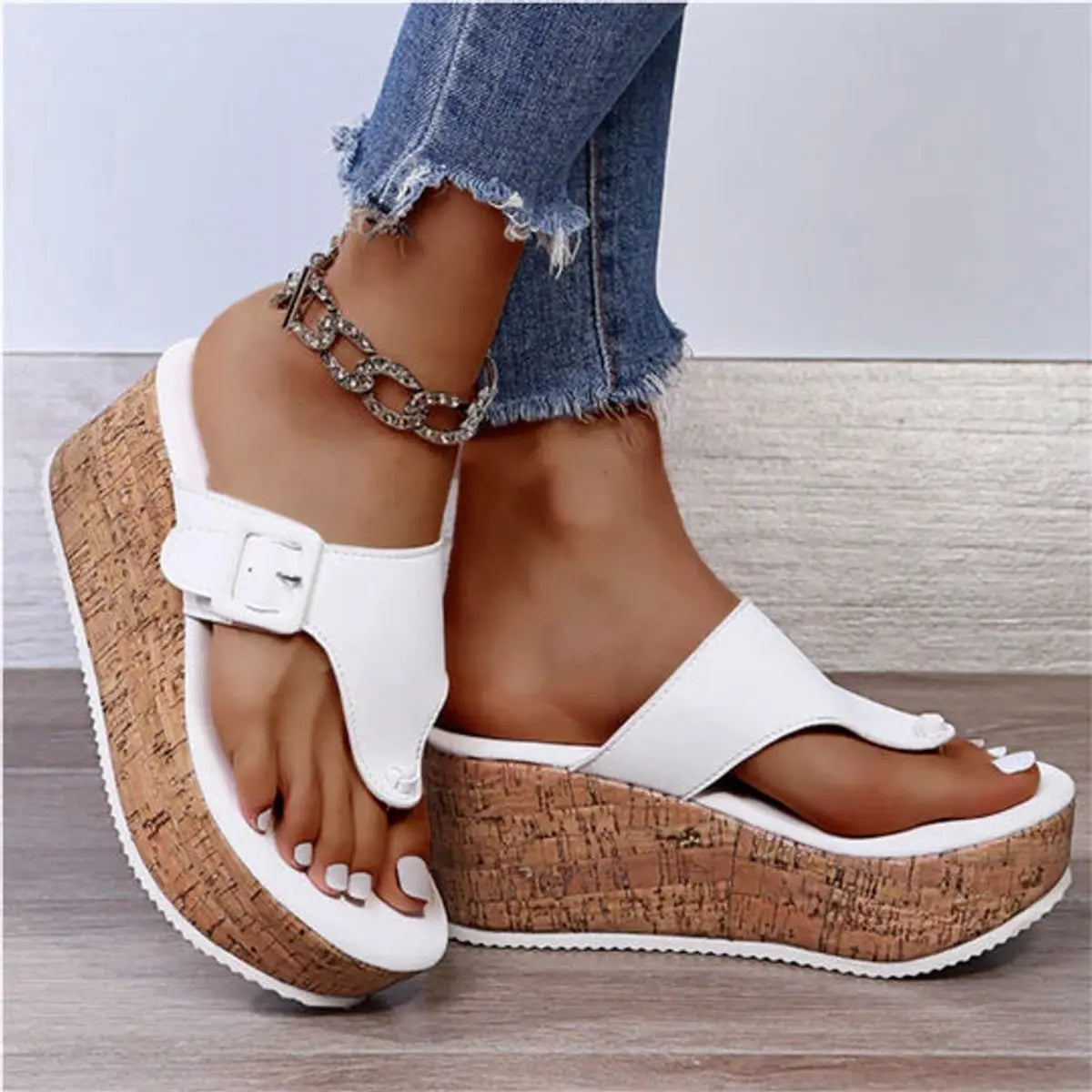 Women's Cork Wedge Platform Comfortable Sandals Thong Flip-Flops - White
