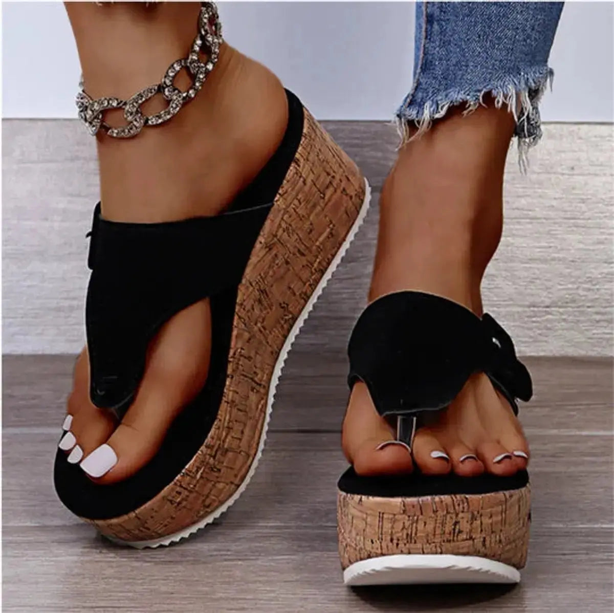 Women's Cork Wedge Platform Comfortable Sandals Thong Flip-Flops - Black