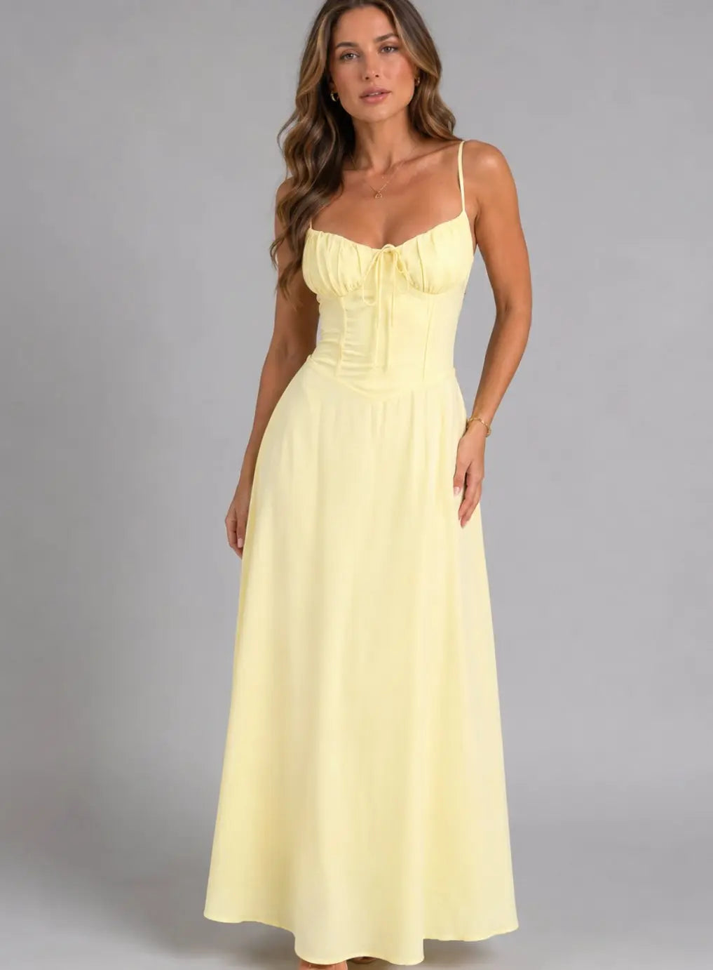 Women's Corset-Bodice Strappy Maxi Sundress Autumn Dress - Yellow