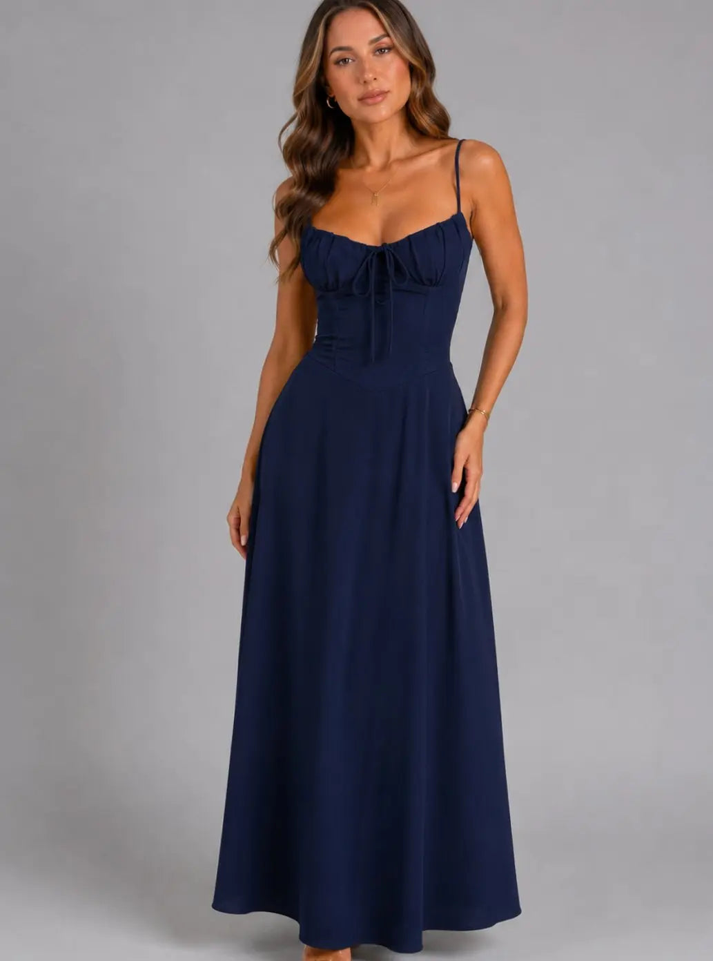 Women's Corset-Bodice Strappy Maxi Sundress Autumn Dress - Navy