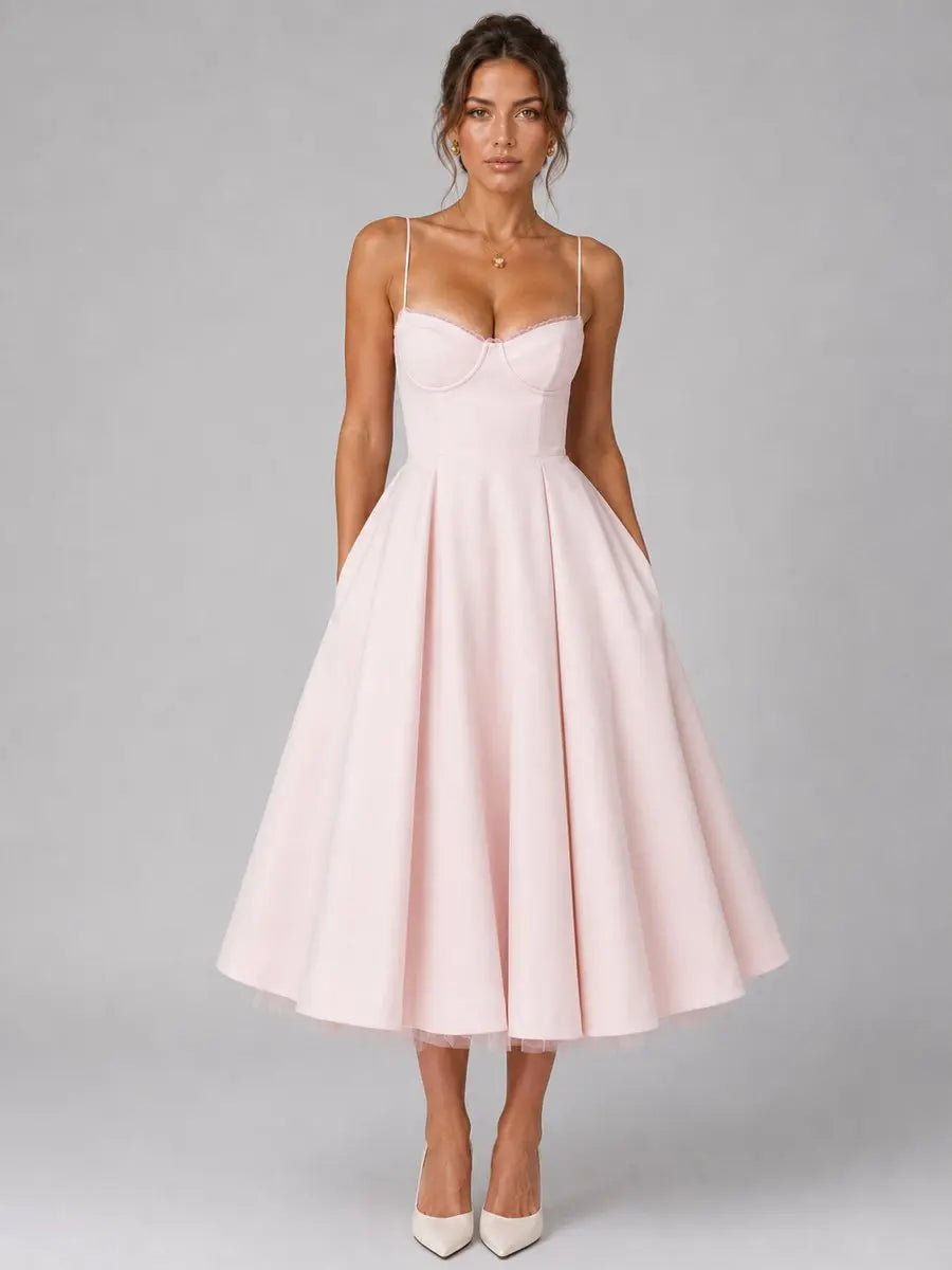 Women's Corset Sweetheart Midi Dress Full Skirt Occasion - Pink