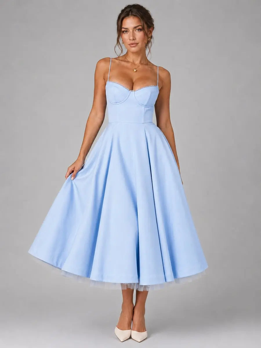 Women's Corset Sweetheart Midi Dress Full Skirt Occasion - Light Blue