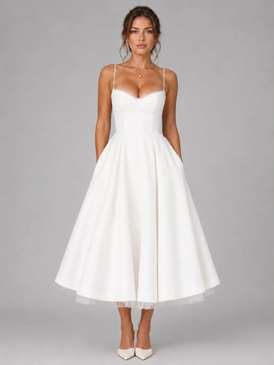 Women's Corset Sweetheart Midi Dress Full Skirt Occasion - White