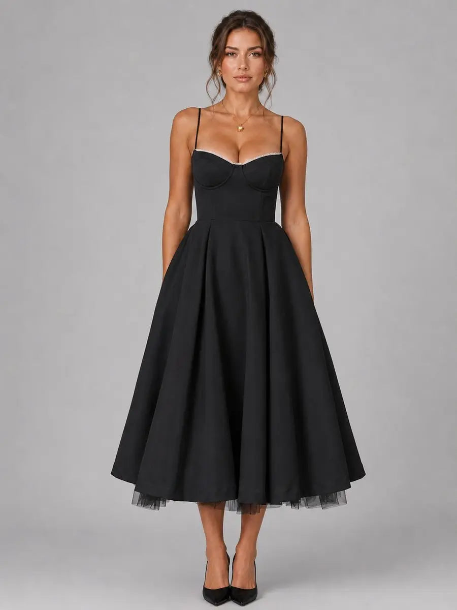Women's Corset Sweetheart Midi Dress Full Skirt Occasion - Black