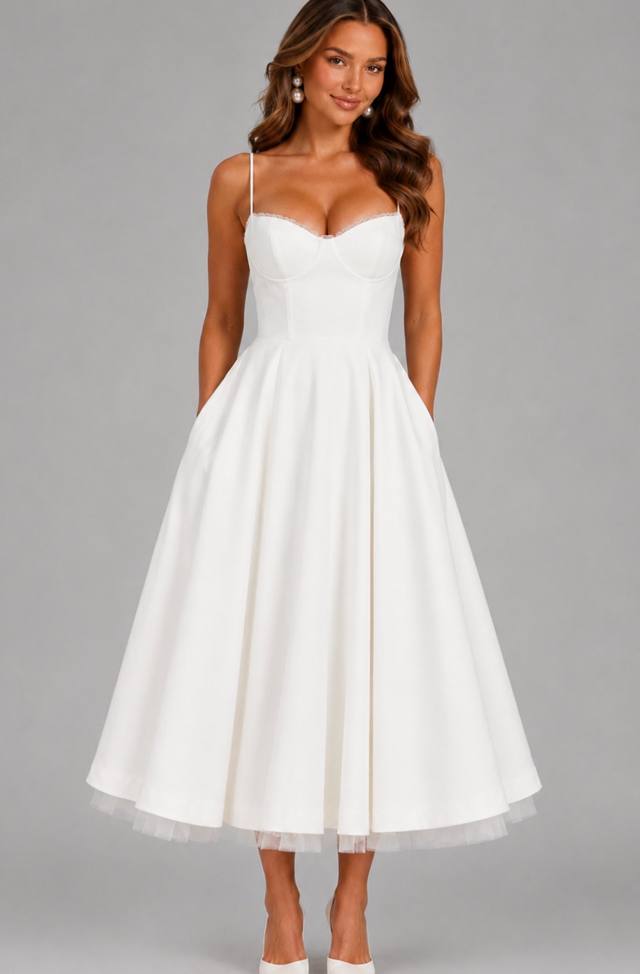 Women's Corset Sweetheart Spaghetti Strap Midi Wedding Guest Dress - White
