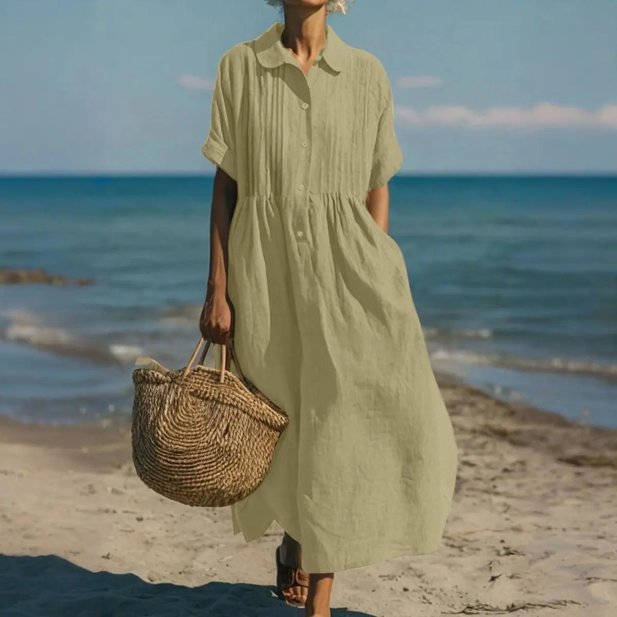 Women's Cotton Button-Front Collared Midi Shirt Dress - Sage Green