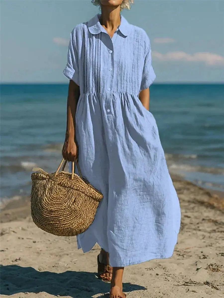 Women's Cotton Button-Front Collared Midi Shirt Dress - Light Blue