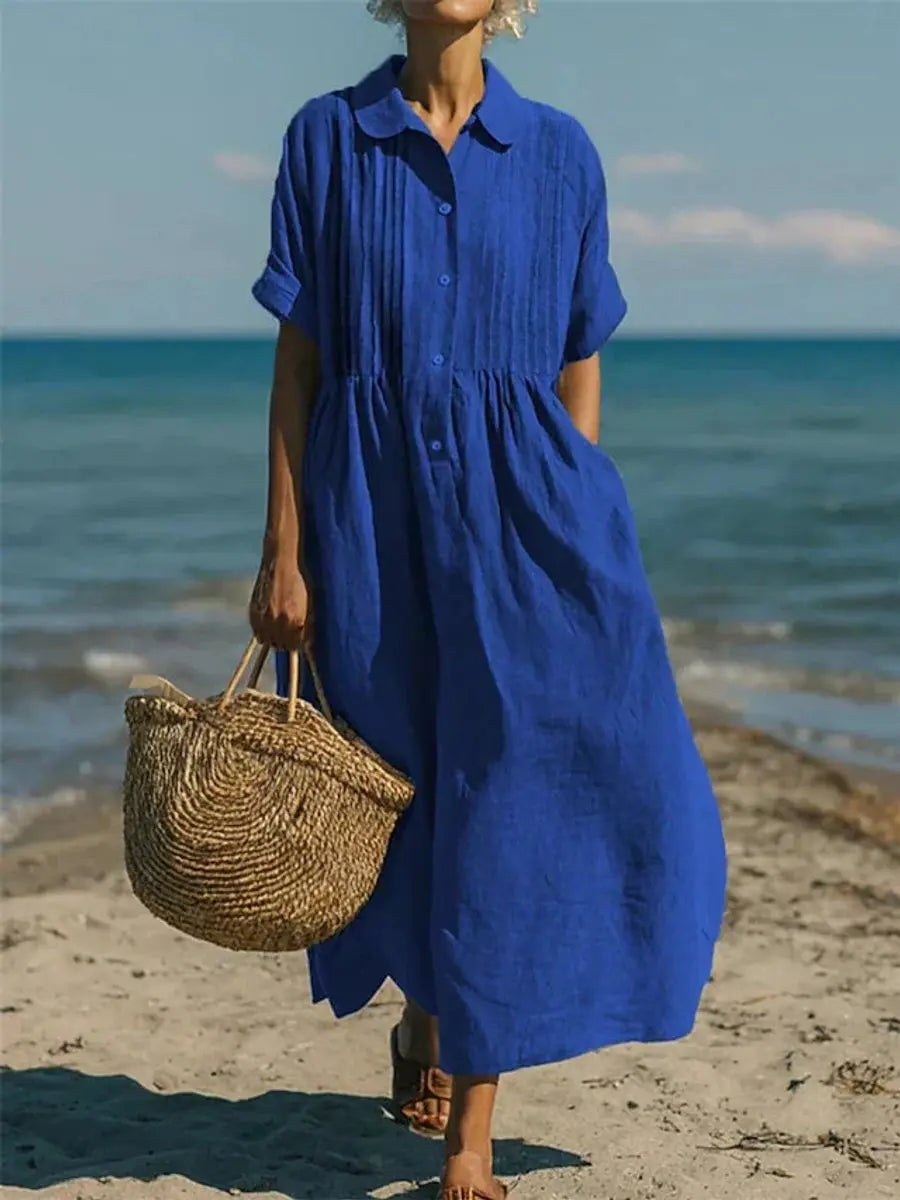 Women's Cotton Button-Front Collared Midi Shirt Dress - Blue