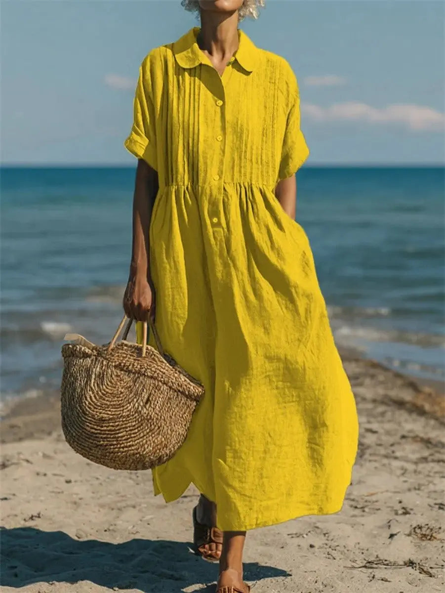 Women's Cotton Button-Front Collared Midi Shirt Dress - Yellow