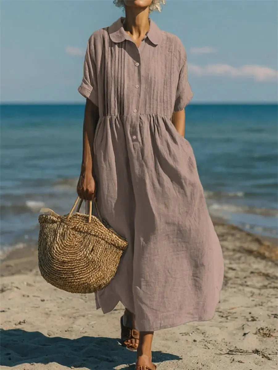 Women's Cotton Button-Front Collared Midi Shirt Dress - Dusty Rose