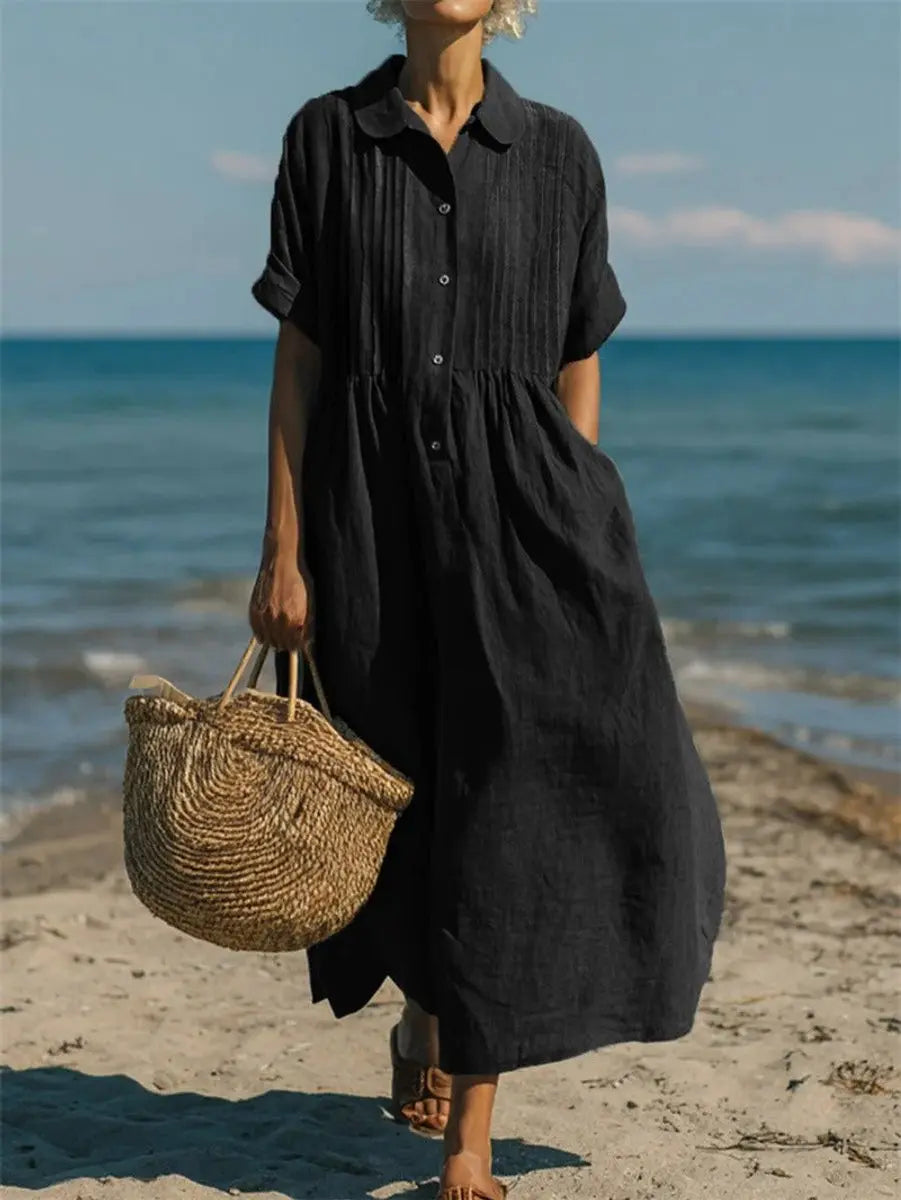 Women's Cotton Button-Front Collared Midi Shirt Dress - Black