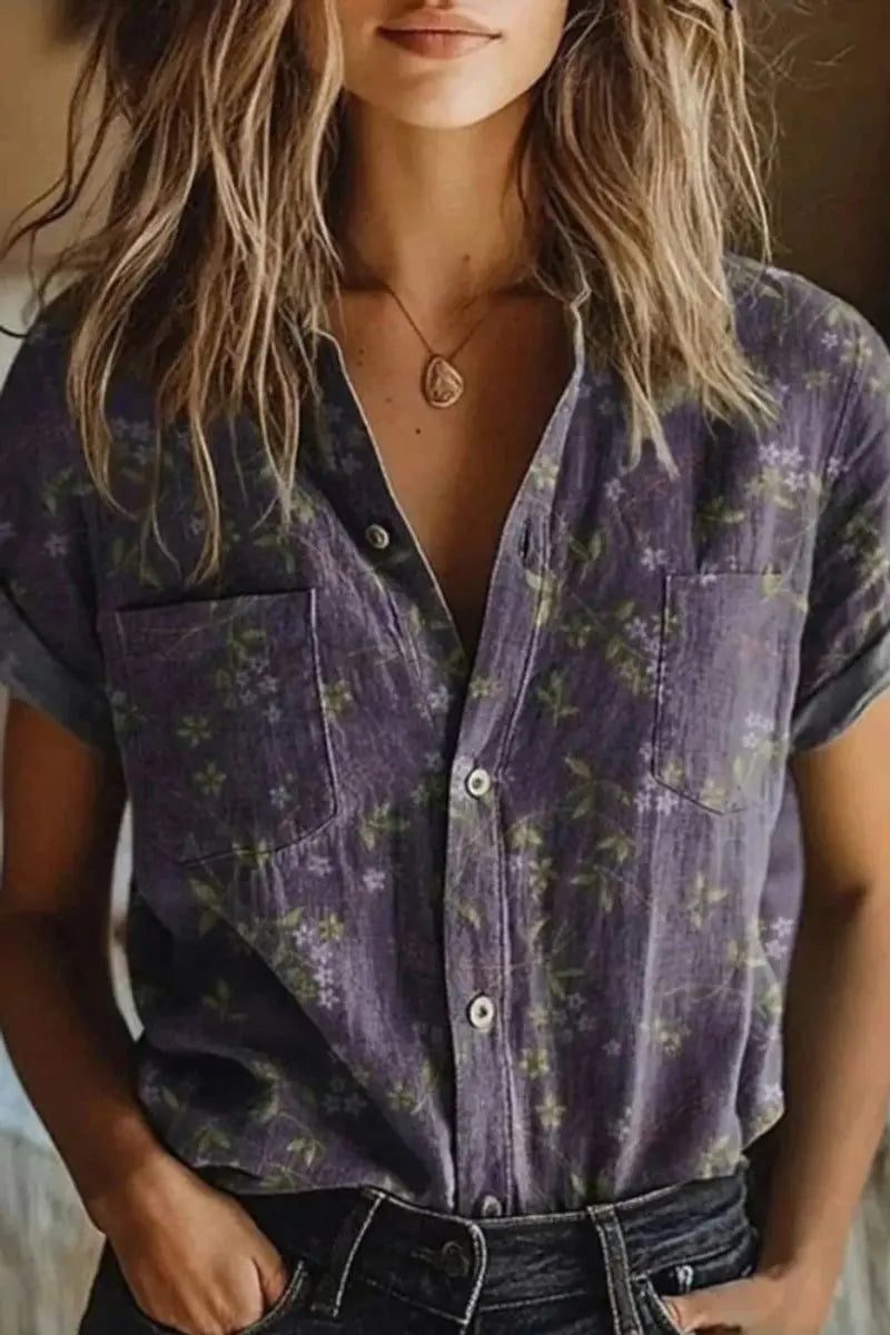 Women's Cotton Floral Short Sleeve Button-Down Blouse