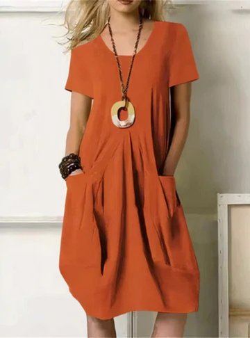 Women's Cotton Midi Dress Gathered Pockets Short Sleeve - Rust