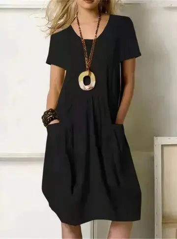 Women's Cotton Midi Dress Gathered Pockets Short Sleeve - Black