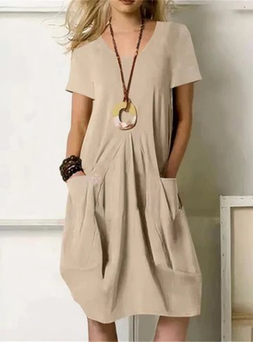 Women's Cotton Midi Dress Gathered Pockets Short Sleeve - Beige