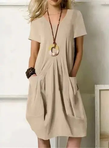 Women's Cotton Midi Dress Gathered Pockets Short Sleeve - Beige