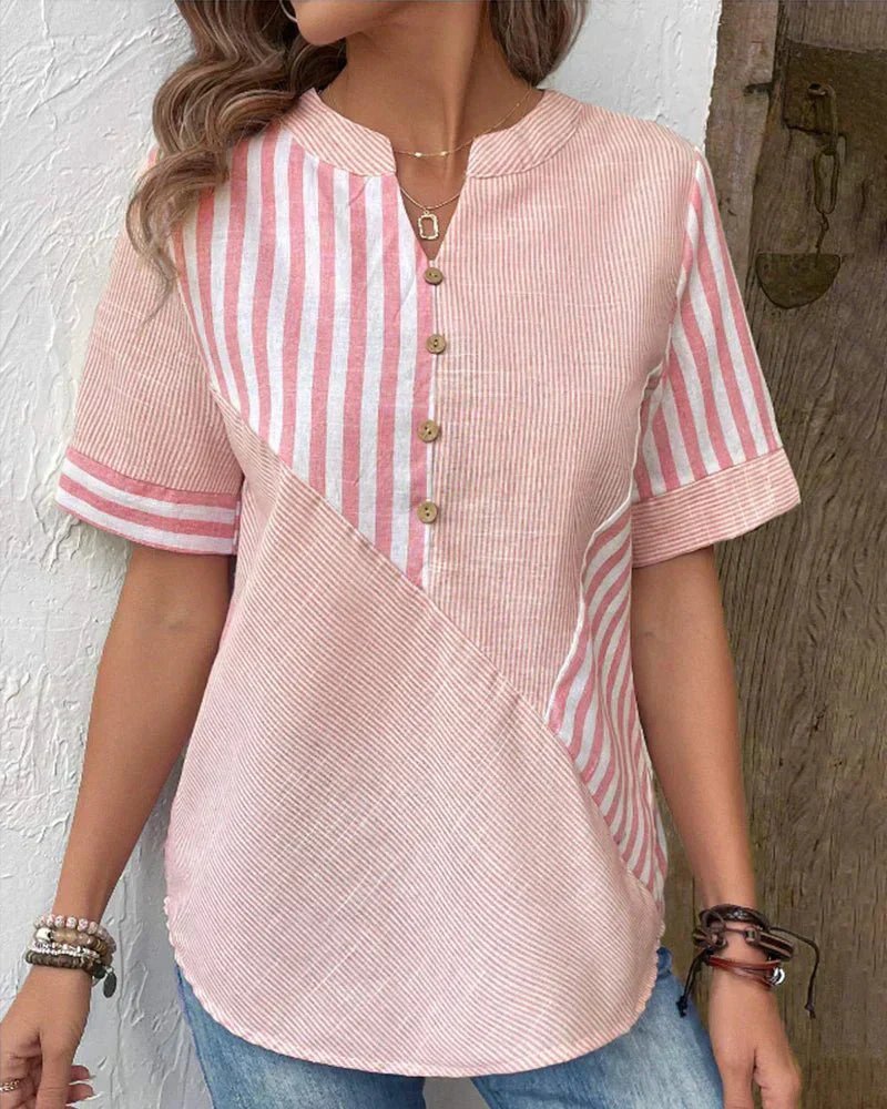 Women's Cotton Striped Blouse Half-Button Diagonal Design