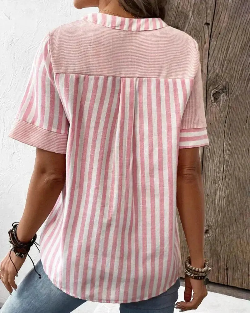 Women's Cotton Striped Blouse Half-Button Diagonal Design