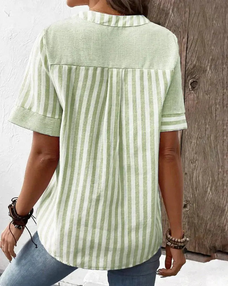 Women's Cotton Striped Blouse Half-Button Diagonal Design