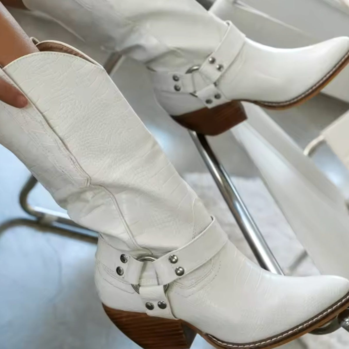 Women's Cow-Print Block-Heel Pointed-Toe Western Cowboy Boots - White
