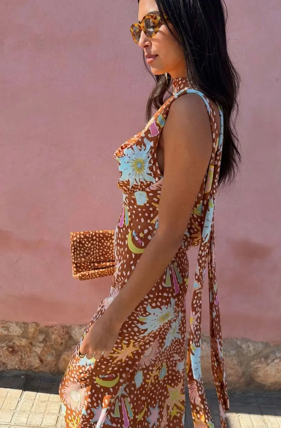 Women's Cowl Neck Halter Maxi Dress Detachable Scarf Print
