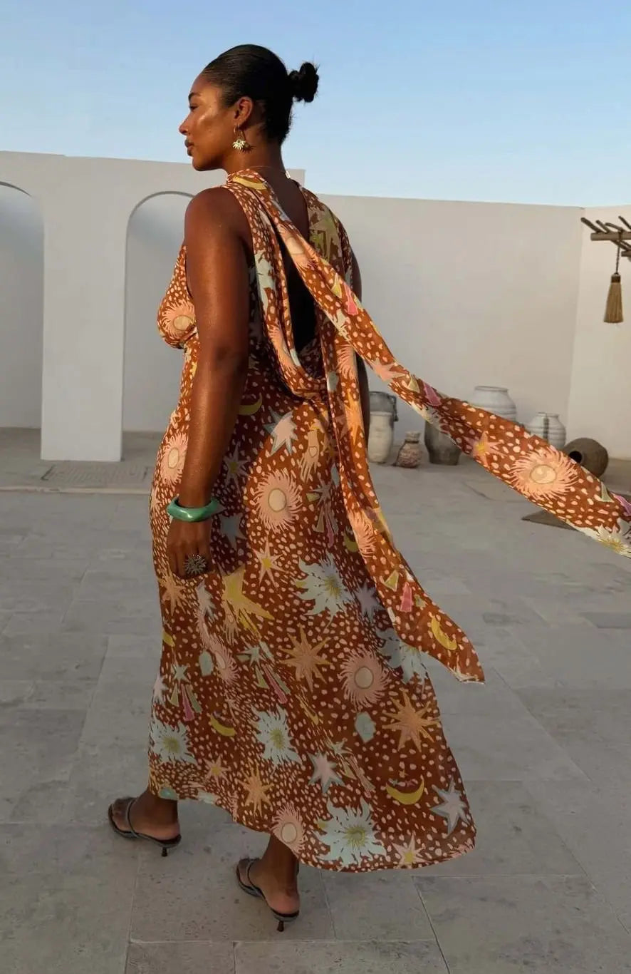 Women's Cowl Neck Halter Maxi Dress Detachable Scarf Print