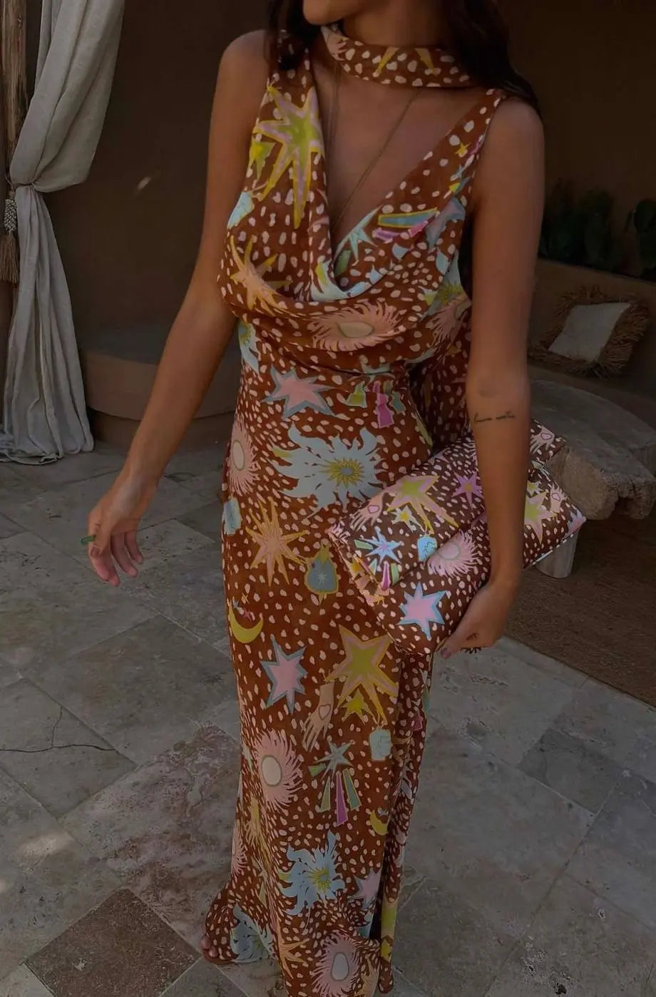 Women's Cowl Neck Halter Maxi Dress Detachable Scarf Print