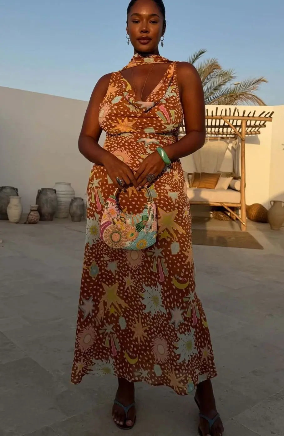 Women's Cowl Neck Halter Maxi Dress Detachable Scarf Print