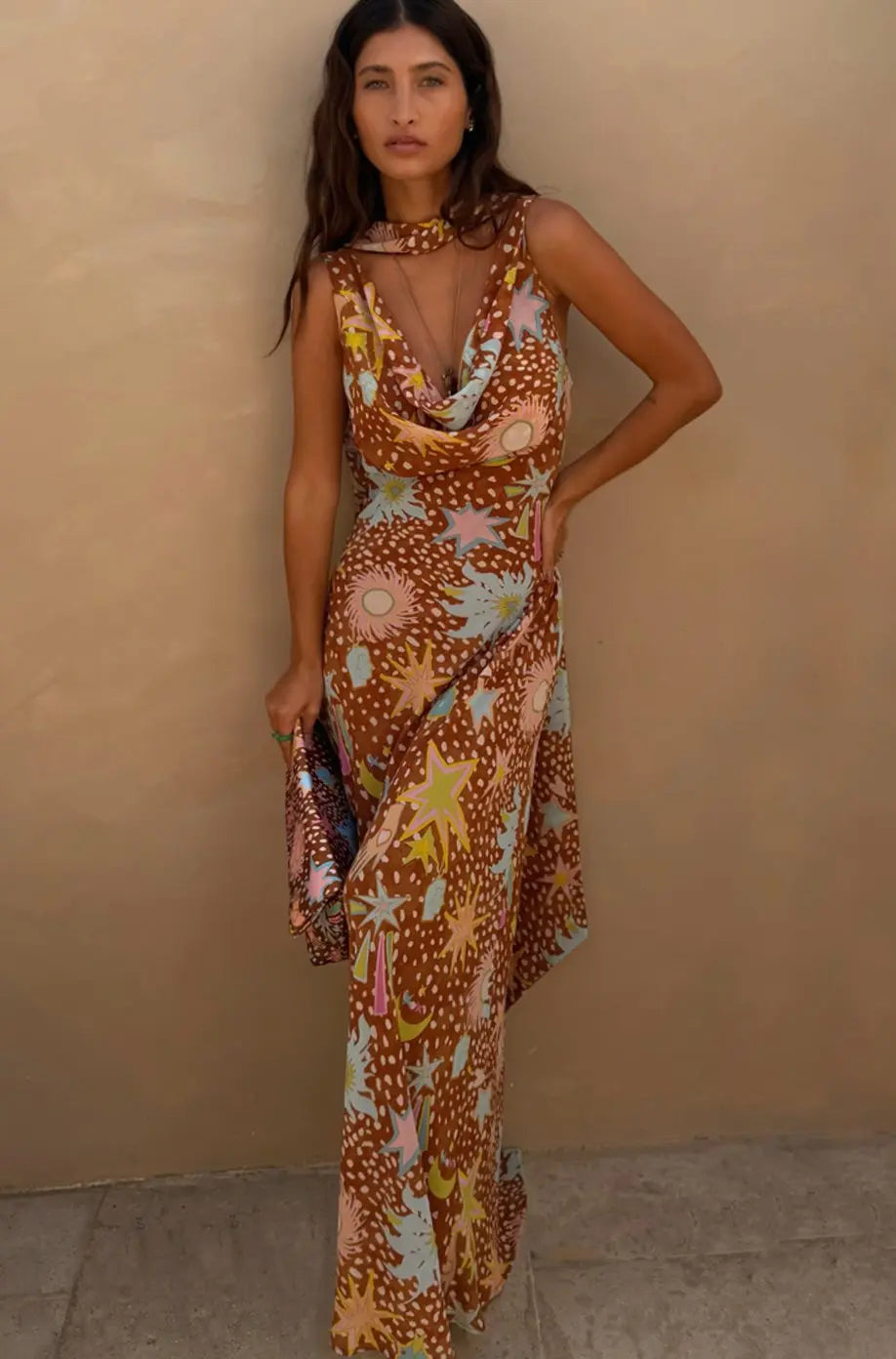 Women's Cowl Neck Halter Maxi Dress Detachable Scarf Print