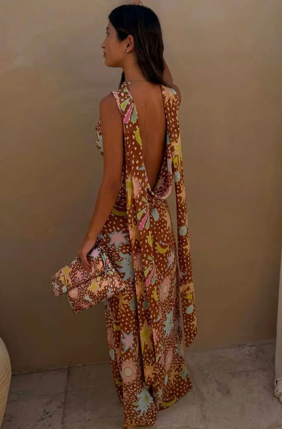 Women's Cowl Neck Halter Maxi Dress Detachable Scarf Print