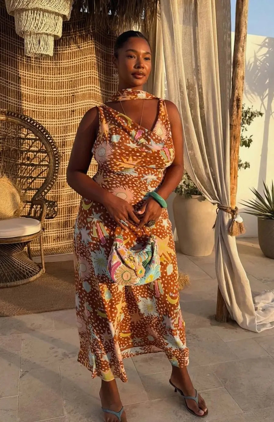 Women's Cowl Neck Halter Maxi Dress Detachable Scarf Print