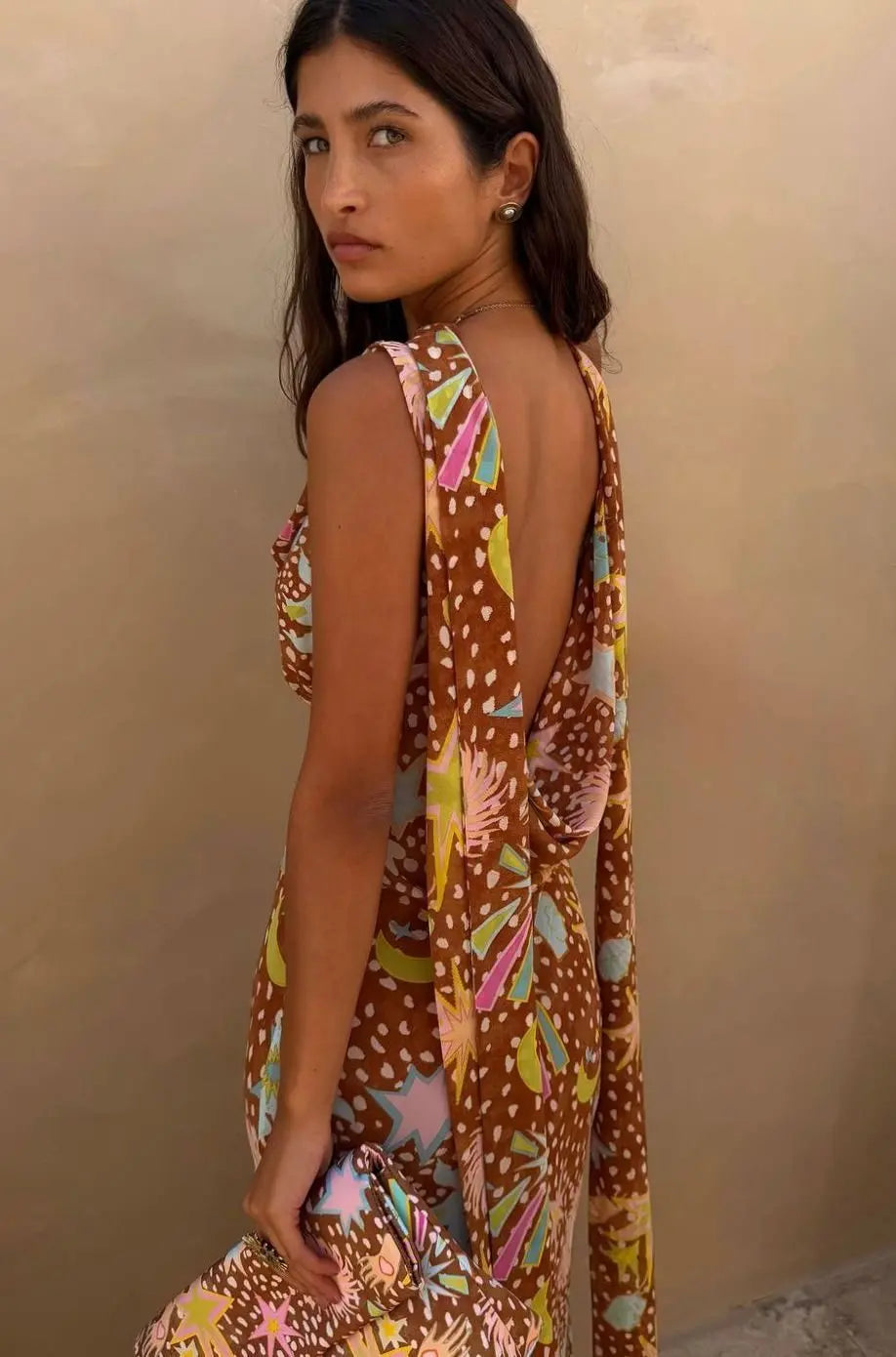 Women's Cowl Neck Halter Maxi Dress Detachable Scarf Print