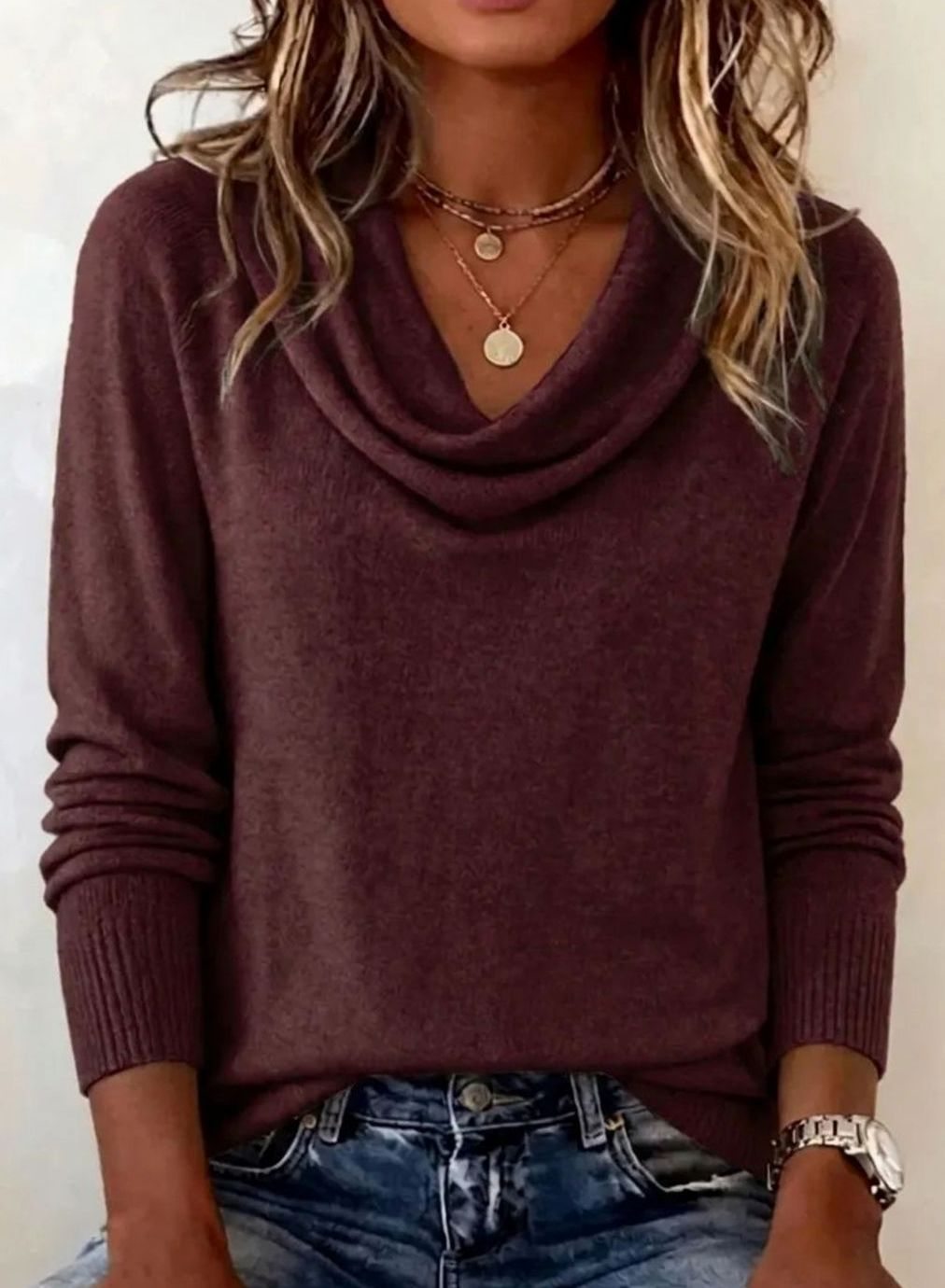Women's Cowl Neck Long Sleeve Soft Knit Jumper - Dark Purple